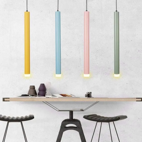 Vista 2 de Lámpara colgante de tubo de luz cálida nórdico amarillo cilíndrico de una sola cabeza Downlight lámpara colgante para isla de cocina comedor tienda