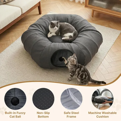 Vista 6 de Cama túnel para gatos de interior, túnel de lino natural refrescante para gatos, túnel transpirable de 29.5 pulgadas para gatos con tapete lavable