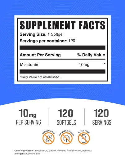 Vista 2 de BulkSupplements. com Melatonina 10 mg cápsulas blandas - Melatonina para adultos, suplemento para dormir - 10 mg de melatonina por porción, sin