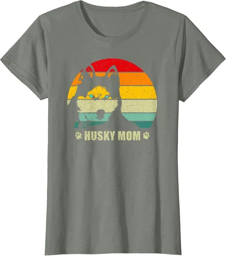 Vista 3 de Husky Mom Retro Dog Lover Mother Siberian Huskies Tee Women T-Shirt Asphalt Grey