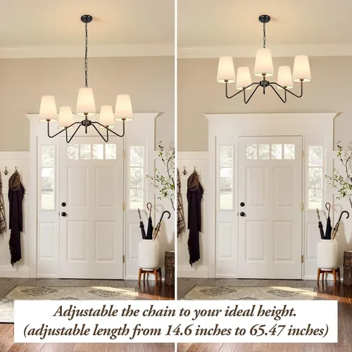 Vista 2 de Candelabro moderno de 5 luces de 30 pulgadas con pantallas blancas, lámpara colgante clásica para comedor, lámpara negra con base E12 lámpara
