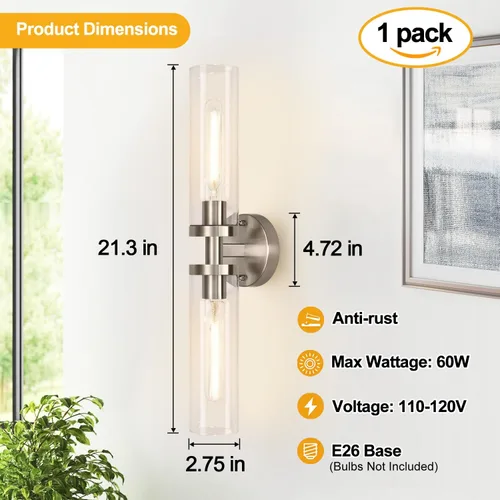 Vista 4 de Indoi Apliques de pared de níquel cepillado, apliques de baño cableados con vidrio transparente, modernos accesorios de tocador de baño para espejo
