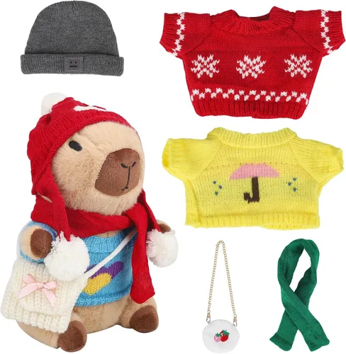 Vista 14 de Capybara - Lindo peluche de peluche para niños y niñas, juego de 10 piezas, 9 prendas y accesorios, juguete de peluche Kawaii, peluche suave