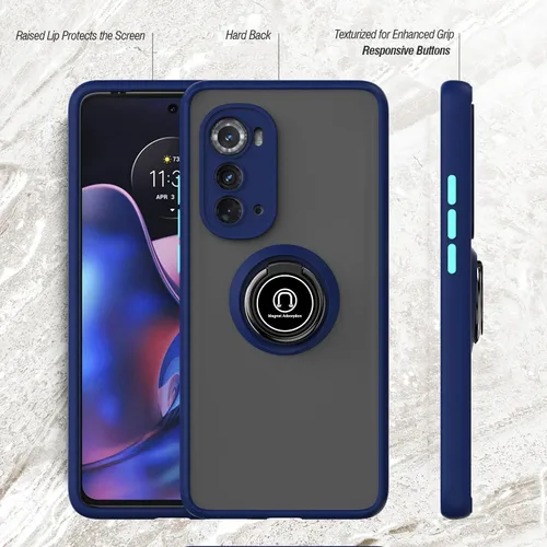 Vista 7 de TJS - Funda compatible con Motorola Moto Edge 2022 (negro) with Tempered Glass Screen Protector Metal Ring Magnetic Support Kickstand Heavy Duty