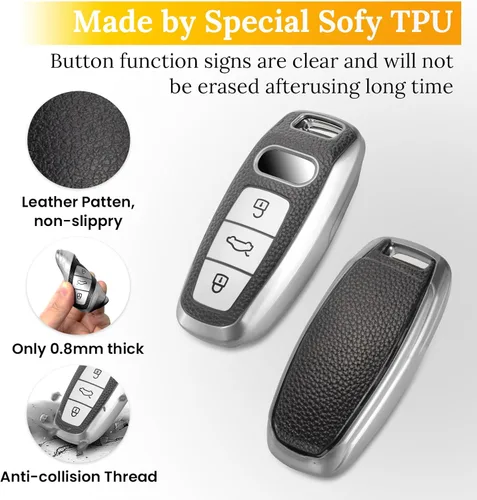 Vista 2 de para Audi - Funda para llavero con llave de cuero, funda de llave de TPU suave y superficie granulada avanzada para A3 A6-A8 E-Tron S3 S6-7 RS6-7