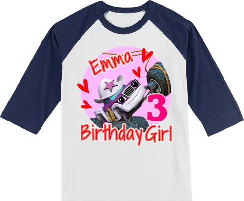 Vista 3 de Urban Smart Camiseta personalizada de cumpleaños de Starla para niñas, Blaze, personalizada con nombre y edad, Monster Truck, camiseta raglán unisex