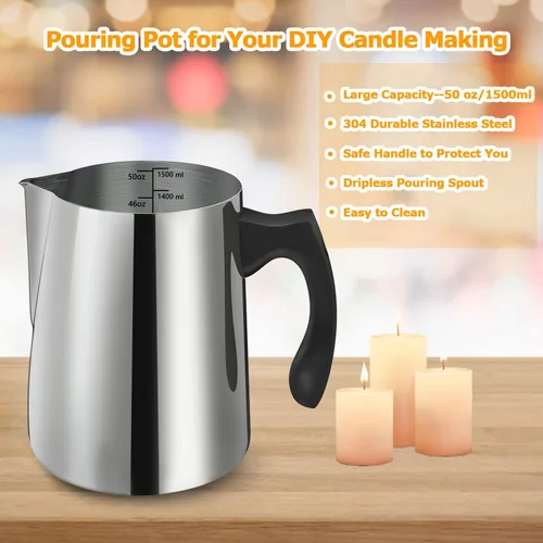 Vista 5 de BBAXI - Olla para hacer velas y verter, 1500 ML/50 OZ, jarra para verter velas, olla para hacer velas de acero inoxidable 304 con mango resistente