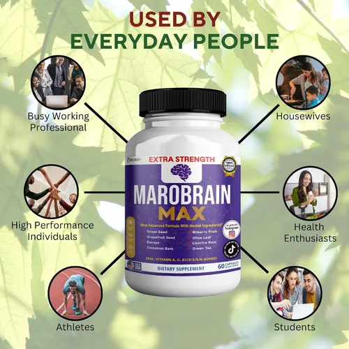 Vista 6 de MAROBRAIN MAX Suplemento de apoyo cerebral extra fuerte, 60 cápsulas, con mezcla de hierbas, vitaminas A C D complejo B, DHA, semilla de uva, bacopa
