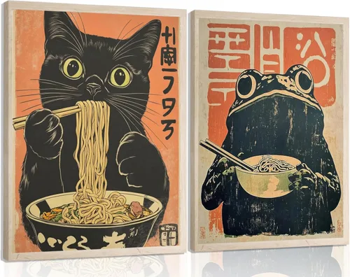 Vista 9 de Lienzo de pared de gato japonés vintage, arte de pared, diseño de gato negro peculiar que come ramen, póster retro divertido de rana comiendo