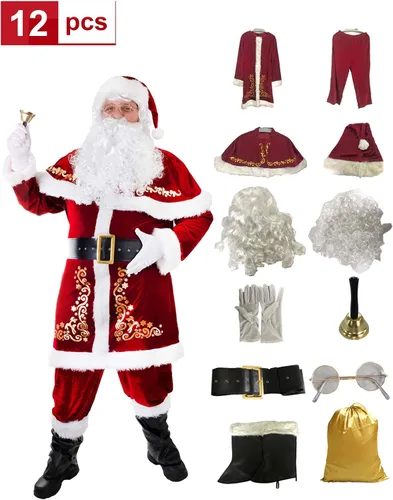 Vista 6 de Ahititi Disfraz de Papá Noel para hombre, juego de 12 piezas de terciopelo rojo de lujo para fiesta de Navidad, cosplay para adultos, Rojo
