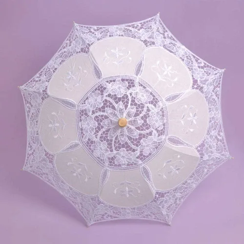 Vista 2 de Sombrilla bordada de encaje para novia, boda, baile de fiesta, con mango de madera, decoración de paraguas para mujeres y niñas