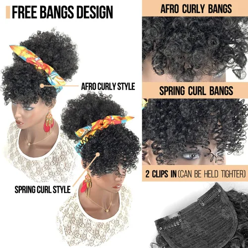 Vista 7 de Cola de caballo afro con cordón y flequillo para mujeres negras, moño alto afro con flequillo de resorte reemplazable y flequillo afro, estilos