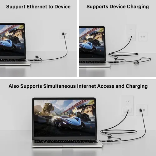 Vista 3 de Cable USB C a Ethernet de 4 pies, cable tipo C a RJ45 con USB-C hembra de 65 W PD carga rápida, Internet y carga dos en uno, red LAN Gigabit