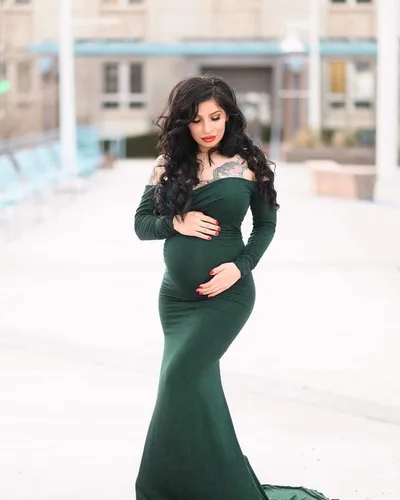 Vista 6 de ZIUMUDY Vestido de Maternidad con Hombros Descubiertos para Sesión de Fotos y Fotografía, Vestido de Color Sólido para Baby Shower