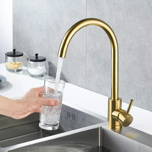Vista 2 de Grifo de cocina de arco alto de una sola manija en oro cepillado, grifo de fregadero de cocina comercial de un solo agujero de acero inoxidable