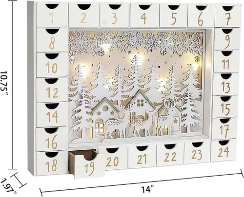 Vista 2 de Calendario de Adviento de madera de Navidad con 24 cajones para llenar pequeños regalos, escena de Navidad con luces LED, cuenta regresiva