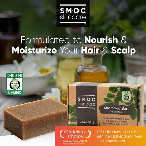 Vista 5 de Barra de champú orgánica certificada para cabello seco a normal, romero y moringa, aloe y aceite de oliva virgen extra para nutrición, ingredientes