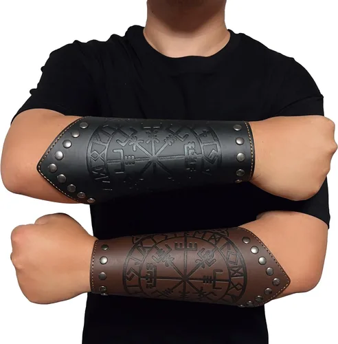 Vista 3 de GelConnie Guantelete de cuero pulsera vikingo de cuero protector de brazo medieval armadura brazaletes de cuero muñequeras Cosplay