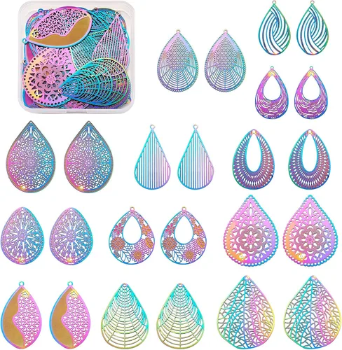 Vista 45 de FASHEWELRY 50 piezas de conectores de filigrana de mariposa de acero inoxidable, adornos de metal grabados con arco iris para fabricación de joyas