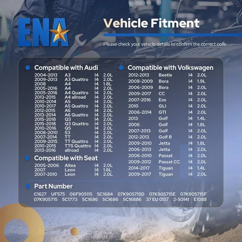 Vista 7 de ENA Juego de 4 bobinas de encendido 2005 2006 2007 2008 2009 2010 2011 2012 compatibles con Volkswagen VW Jetta Rabbit Beetle Passat Golf Tiguan A3