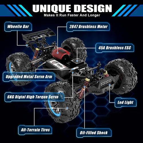 Vista 8 de Hosim - Coches RC sin escobillas, 1:10 68+ km/h de alta velocidad, coche de control remoto para adultos y niños, 4x4 todoterreno impermeable
