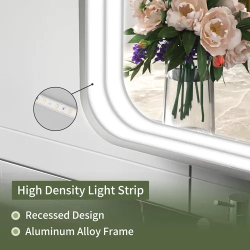 Vista 3 de Espejo de baño LED de 20 x 28 pulgadas con luces, marco plateado rectangular redondeado con diseño de tira de luz incrustada, 3 colores y regulable