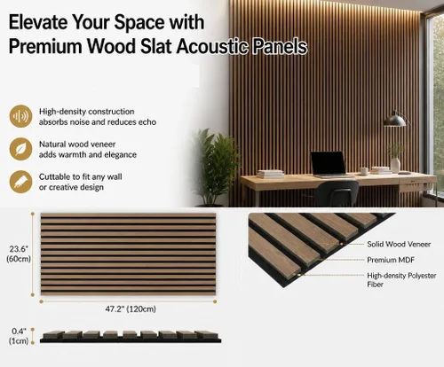 Vista 3 de Paquete de 5 paneles acústicos grandes de madera para pared de 47.2 x 23.6 x 0.4 pulgadas, paneles decorativos insonorizados que absorben el sonido