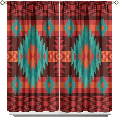 Vista 321 de Cortinas con patrón geométrico tribal, estilo suroeste, azteca, rústico, occidental, nativo americano, opacas, con bolsillo para barra, decoración
