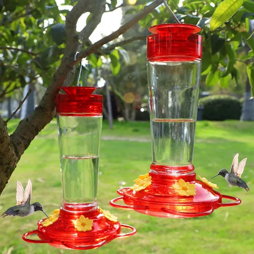 Vista 8 de Shrdaepe Comedero para colibríes, comedero para pájaros con botella de vidrio, 5 puertos de alimentación (rojo y amarillo)