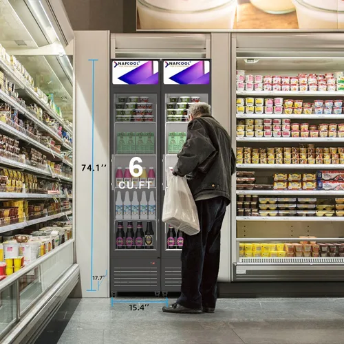 Vista 3 de Refrigerador comercial de bebidas, refrigerador de 7 pies cúbicos pequeños delgados de una sola puerta de vidrio con estantes ajustables de luz LED