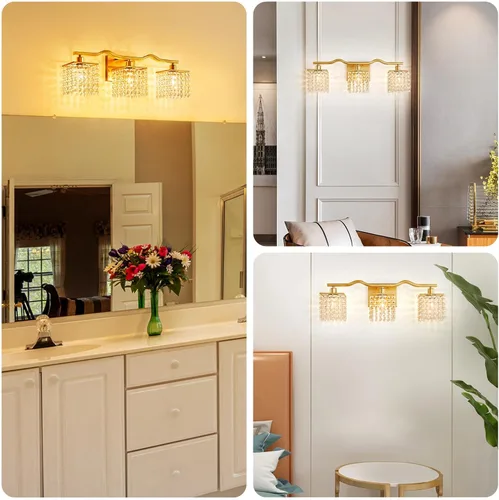 Vista 6 de WUZUPS Lámpara de Baño de 3 Luces sobre Espejo, Apliques de Pared de Tocador Modernos, Luz de Gota de Cristal Transparente para Dormitorio, Sala