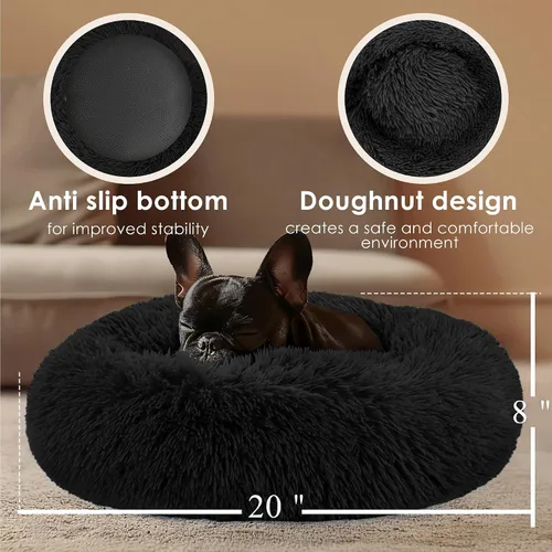 Vista 3 de Hoewina - Cama redonda, calmante, en forma de rosquilla, lavable, esponjosa para interiores, perros y gatos pequeños y medianos, negro, 20 pulgadas