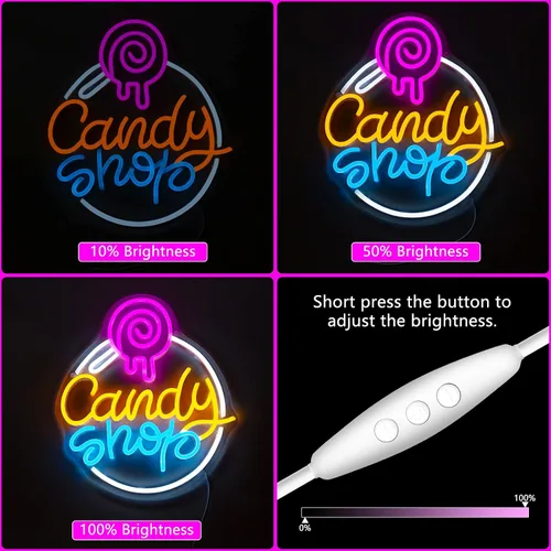 Vista 3 de Candy Shop - Letrero de neón para decoración de pared, letreros LED regulables de neón, decoraciones de tienda de piruletas, carteles de neón