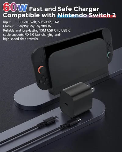 Vista 2 de JZW-SHOP 60W Fast Charging Charger Compatible with Nintendo Switch2, Nintendo Switch, Steam Deck- Support TV Mode, 20V 3.0A AC Adapter with 1.5M USB