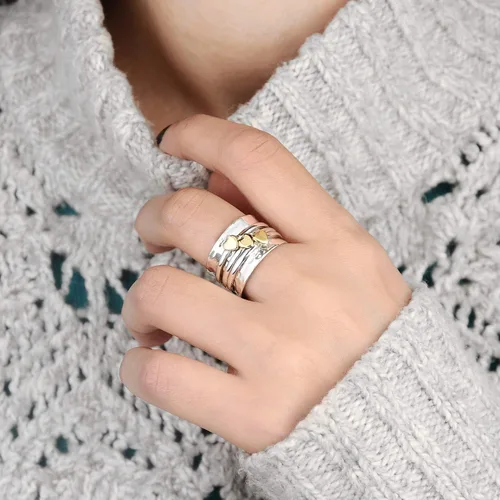 Vista 6 de Boho-Magic Anillo giratorio para mujer, plata de ley 925 con corazones de latón y bandas para la ansiedad, Metal