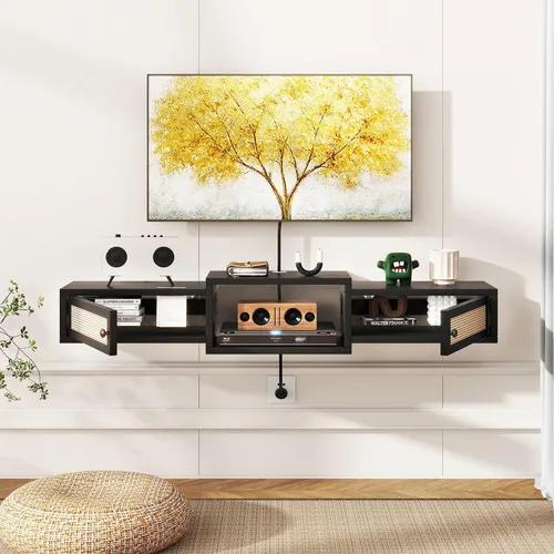 Vista 3 de IBUYKE Soporte flotante moderno de ratán para TV con puertas, estante de TV montado en la pared para televisores de hasta 55 pulgadas, consola