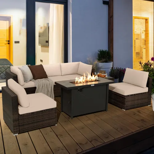 Vista 2 de Tangkula Juego de muebles de patio de 7 piezas con mesa para fogata, incluye mesa rectangular de propano de 42 pulgadas y 60,000 BTU y funda