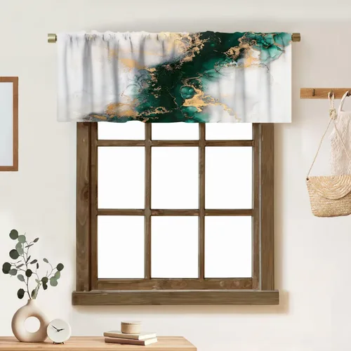 Vista 36 de Cortina de cenefa de mármol verde con venas doradas de mármol negro, diseño abstracto de lujo, elegante cenefa con bolsillo para barra, 1 panel