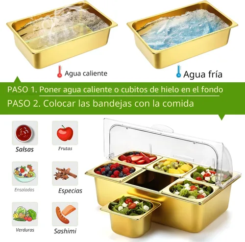 Vista 5 de Ziliny - Contenedor de 6 bandejas para servir alimentos para encimera, transparente, color dorado Stainless Steel Ice Food Serving Tray, Buffet