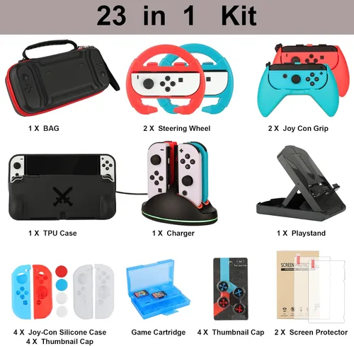 Vista 2 de Paquete de accesorios Switch para fiesta para Nintendo Switch modelo OLED 2021 kit con funda de transporte base de carga Joy Con y agarres
