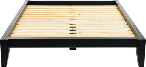 Vista 3 de Main + Mesa Yume - Cama moderna de plataforma de madera maciza con carpintería japonesa, acabado negro, tamaño Queen