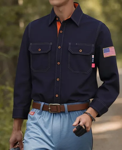 Vista 2 de BOCOMAL Camisas FR para hombre, resistentes al fuego, peso ligero, NFPA2112, camisa de soldadura ignífuga, acabado repelente al agua y al aceite