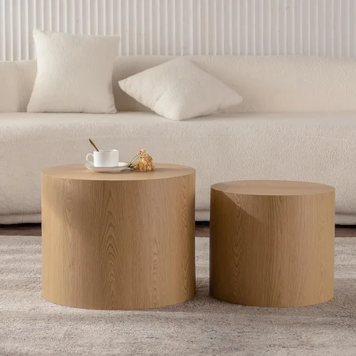 Vista 10 de Juego de 2 mesas redondas anidables, juego de mesa auxiliar de madera rústica, 2 piezas de madera de 18.11 pulgadas, juego de sala de estar circular