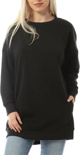 Vista 2 de MixMatchy Sudadera casual de forro polar con cuello en V para mujer, manga larga, túnica para otoño e invierno Negro (cuello redondo)