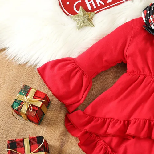 Vista 5 de Traje de Navidad para bebé niña, camisa de manga larga, vestido con volantes, leggings para niños, pantalones acampanados, bufanda, disfraz de Papá