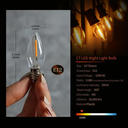 Vista 2 de Bombilla LED de noche, bombillas LED de repuesto para luces de Navidad, bombillas LED inastillables e impermeables, base de candelabro E12, 0.6 W