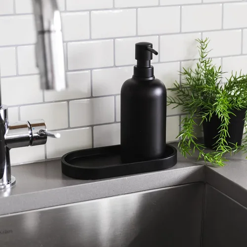Vista 7 de Yew Design - Bandeja dispensadora de jabón redonda negra mate, bandeja organizadora de botellas de jabón y loción de 8 pulgadas para baños, cocinas
