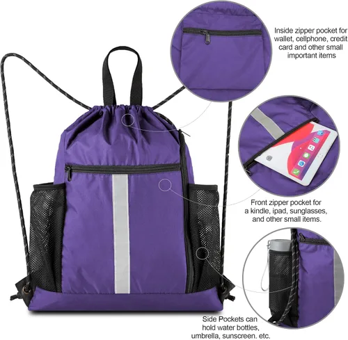 Vista 5 de Mochila con cordón BeeGreen, estilo deportivo, bolsa de gimnasio para mujeres y hombres, tamaño grande con dos bolsillos con cremallera y bolsillos