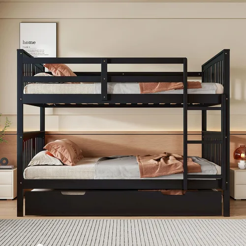 Vista 4 de Harper & Bright Designs Literas de tamaño matrimonial sobre matrimonial con cama nido, marco de cama de madera con barandilla de longitud completa