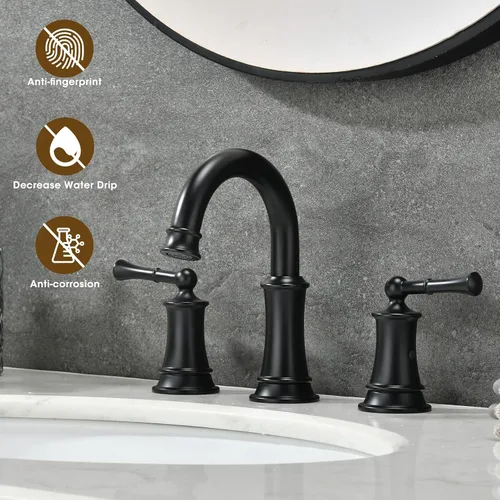 Vista 3 de Llave de baño negra, llave de lavabo de baño de 8 pulgadas con conjunto de drenaje emergente, llave de baño generalizada con líneas de suministro